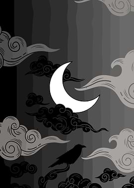Crescent Moon and Raven in Night