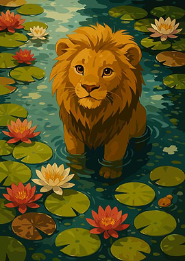 Lion in Lily Pond Illustration