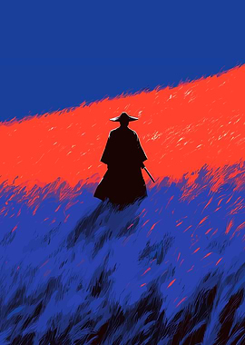 Samurai Silhouette in Red and Blue