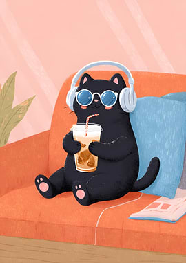 Cool Cat Relaxing with Iced Coffee