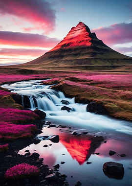 Kirkjufell Mountain with Waterfall Reflection
