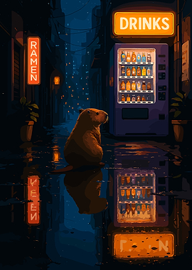 Capybara in Rainy Cityscape