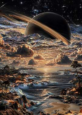 Surreal Planetscape with Ocean and Rings