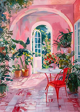 Pink Courtyard with Plants and Table