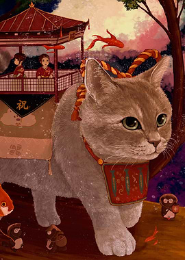 Cat with Japanese-themed decorations