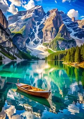 Lake Braies with Boat and Mountains