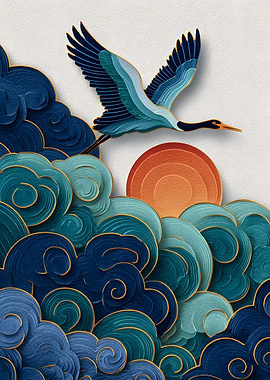 Crane Flying Over Clouds and Sun Papercutting