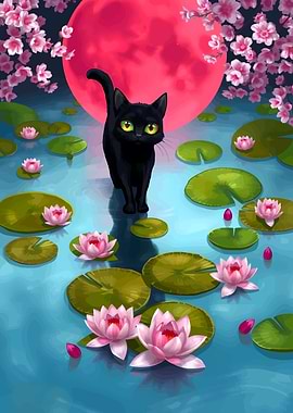 Black Cat in Lily Pond