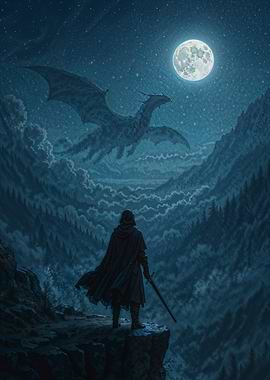 Dragon and Warrior under Moonlight