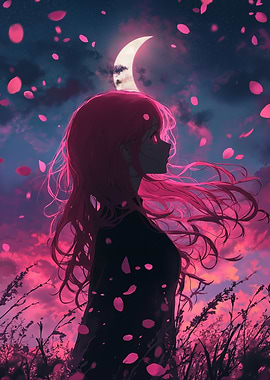 A mysterious anime girl silhouette with glowing pink petals