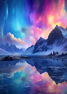 Aurora Borealis over Mountain Lake