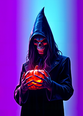 Neon Reaper - Hooded Skull with Glowing Pumpkin | Dark Fantasy Wall Art