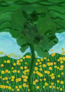 Green Tree and Yellow Flowers Landscape
