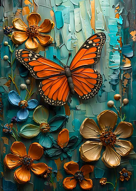 Butterfly and Flowers Textured Painting