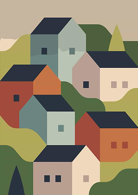 Geometric Village Illustration