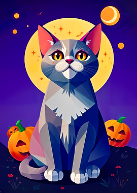 Halloween Cat with Pumpkins and Moon