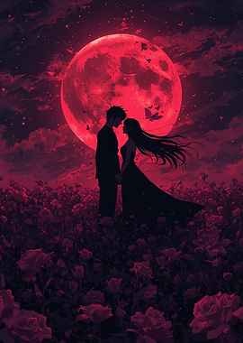 Romantic Silhouette Under Red Moon