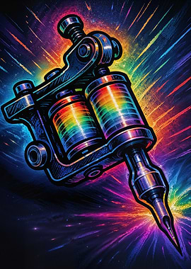 Rainbow Tattoo Machine with Cosmic Background