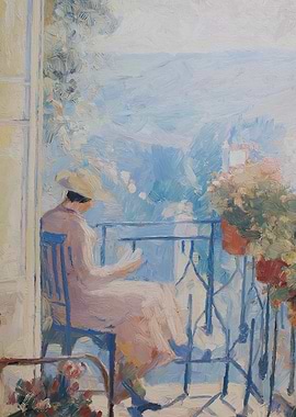 Woman Reading on Balcony Painting