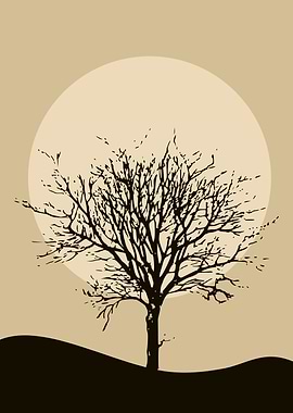 Silhouette Tree Against a Beige Moon