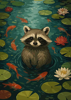 Raccoon in Pond with Koi Fish