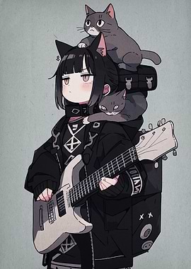 Catgirl Guitarist with Feline Companions