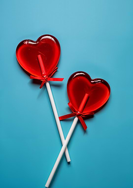 Two Red Heart Lollipops on Blue