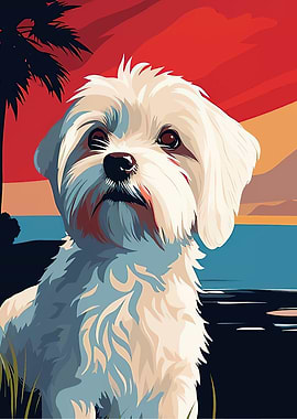 Maltese Dog Portrait at Sunset