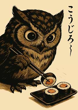 Owl eating sushi with chopsticks art