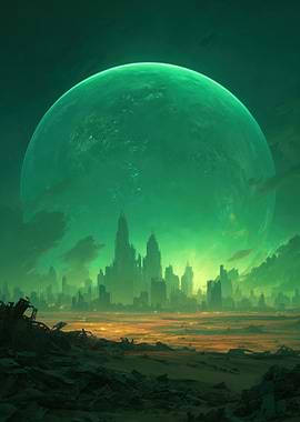 Green Planet Over Futuristic Cityscape