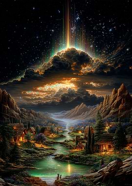 Fantasy Village with Celestial Light Beams