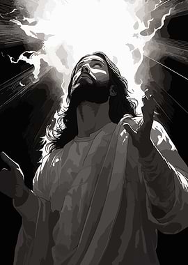 Monochrome Religious Figure with Light Rays
