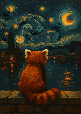 Red Panda Starry Night Painting