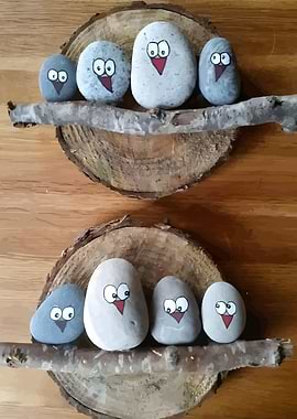 Painted Stone Bird Family on Wood