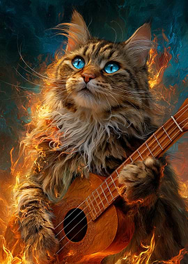 Cat playing ukulele in fire