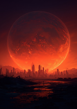 Dystopian Cityscape with Red Planet