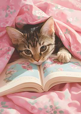 Kitten Reading Book Under Floral Blanket