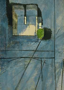 Abstract Building with Green Object Painting
