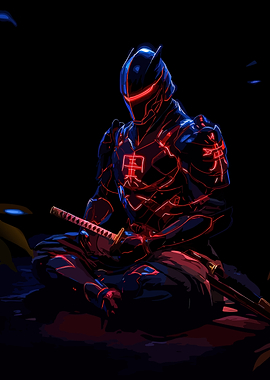 Cyberpunk Ninja Warrior in Meditation