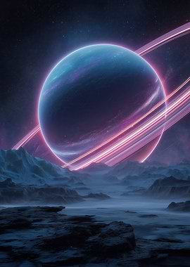 Ringed Planet Over Alien Landscape