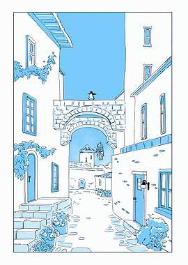 Penguin in Greek Village Illustration