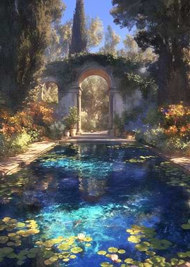 Serene Garden Pool with Stone Archway