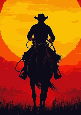 Cowboy Silhouette on Horseback at Sunset