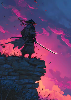 Samurai Warrior on Cliff at Sunset