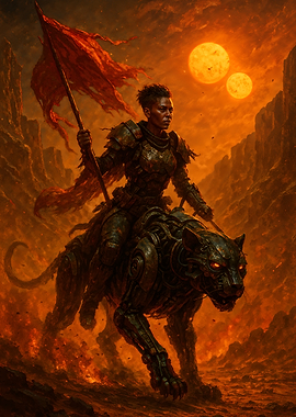 Warrior on Mechanical Panther in Wasteland