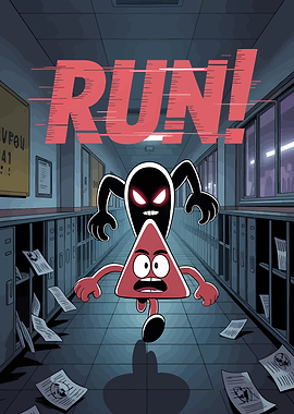 Cartoon Triangle Running from Shadow in Hallway