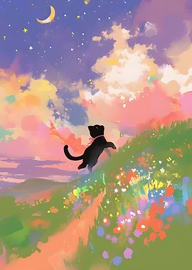 Black Cat in a Dreamy Landscape