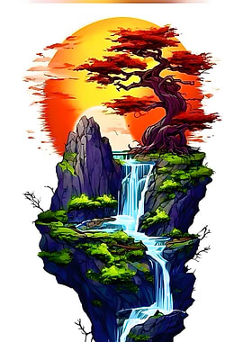 Floating Island with Waterfall and Tree