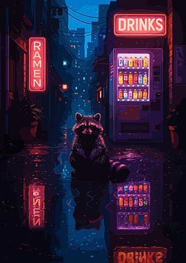 Raccoon in Neon Cityscape