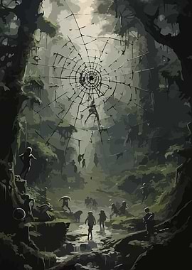 Eerie Forest with Spiderweb and Figures
